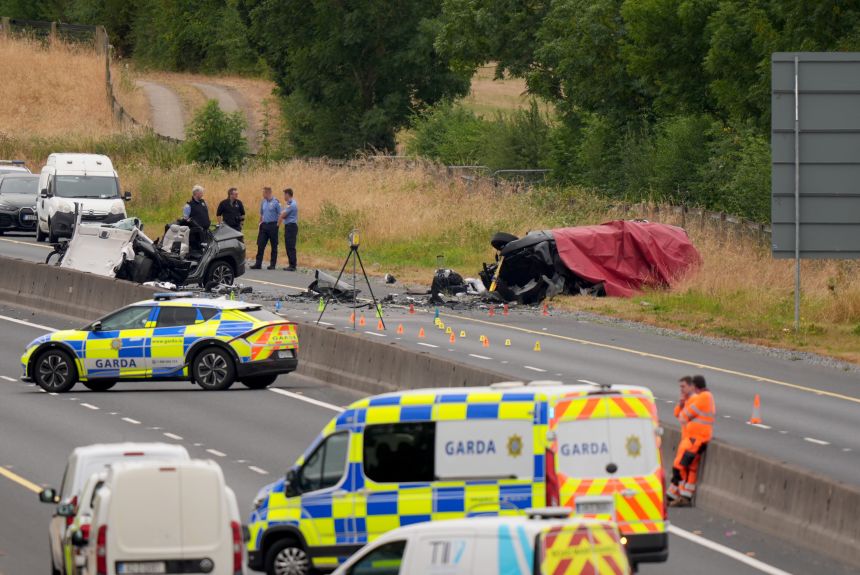 The scene of a crash on the M9 northbound at Junction 3 in Co Kildare, Ireland, where a several people died after a head-on collision between two cars on August 16.