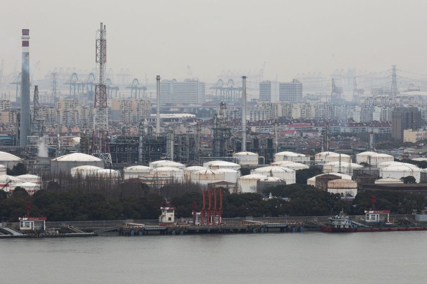 Oil storage tanks and facilities in Shanghai, China, on March 26, 2026.