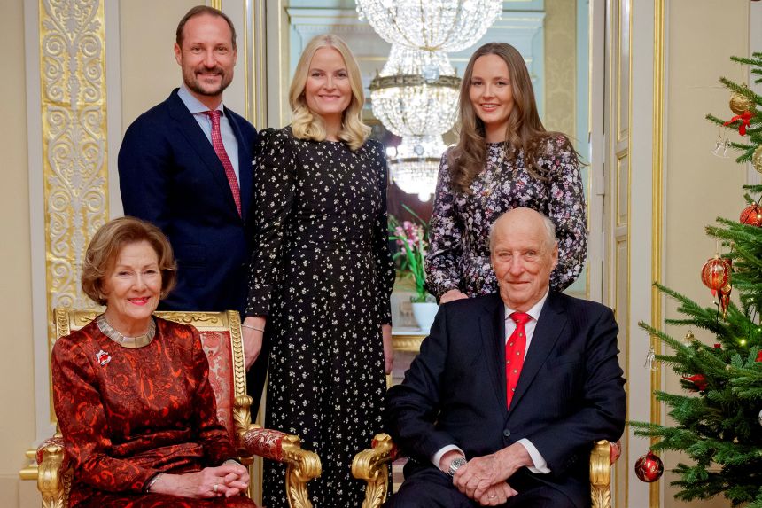 King Harald and Queen Sonja together with then-Crown Prince Haakon, Princess Ingrid Alexandra and then-Crown Princess Mette-Marit pose for a Christmas photo in Oslo, Norway, in December, 2024.