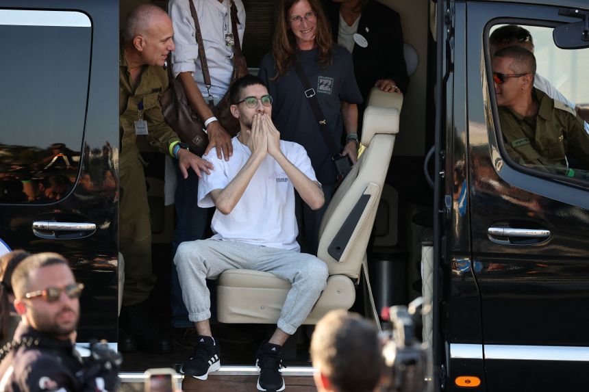 Released hostage Evyatar David reacts upon arrival at the site of Rabin Medical Center-Beilinson Hospital in Petah Tikva, Israel, on October 13, 2025.
