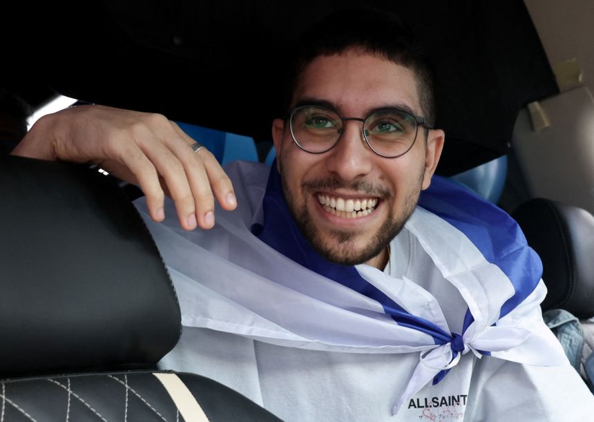 Former Israeli hostage Evyatar David, who was discharged from the hospital after more than two years in Gaza captivity, during which he was forced to dig his own grave, returns home to Kfar Saba, Israel, October 26, 2025.