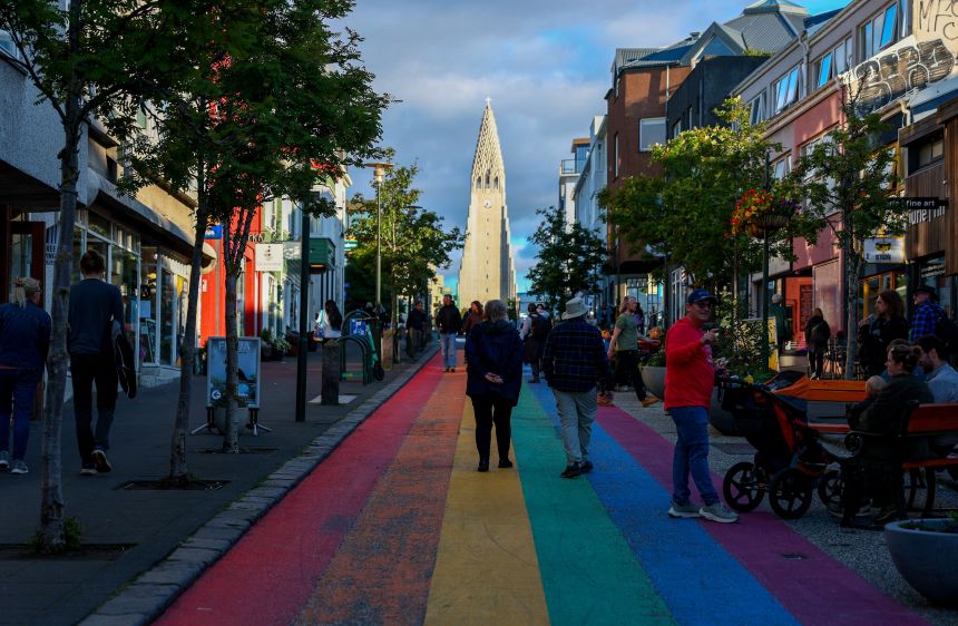 People walk on Reykjavík's Rainbow Street in August, ahead of the referendum. Iceland has a high GDP per capita and robust Nordic welfare model, but also contends with high cost of living and currency volatility.
