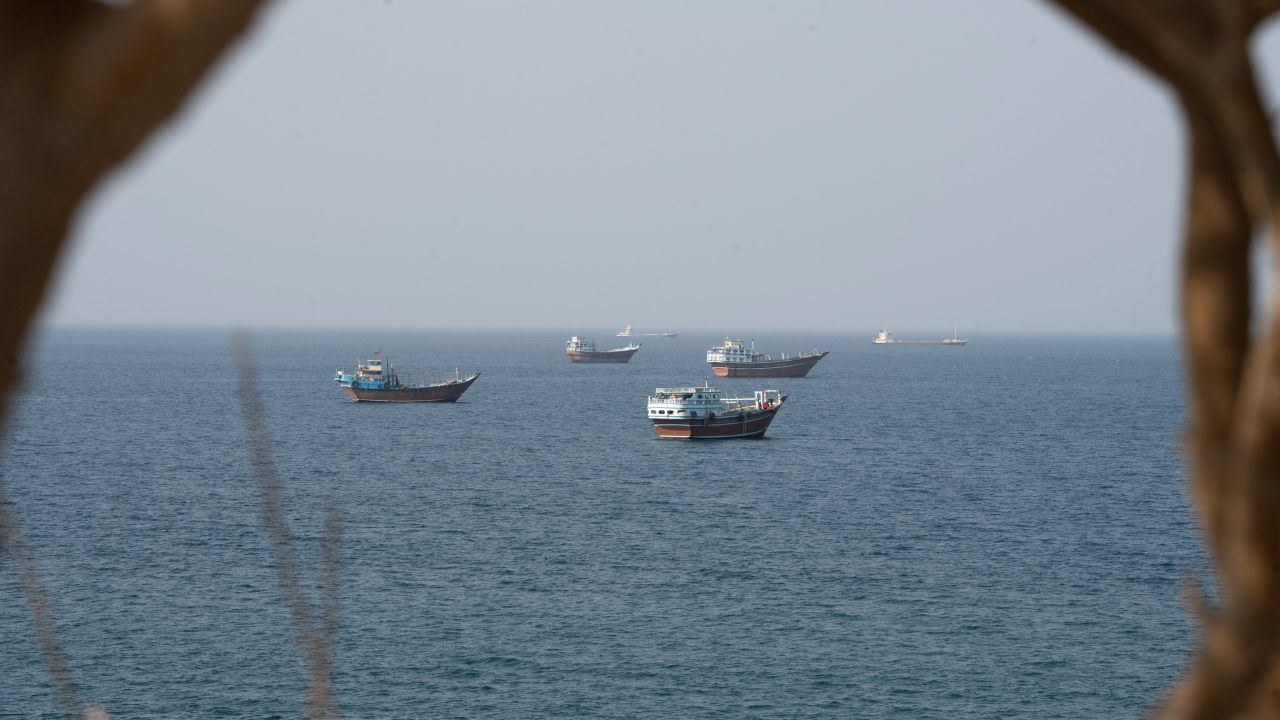 Vessels near the Strait of Hormuz, as seen from Musandam, Oman, on August 17.