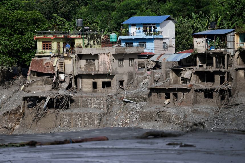 Damaged houses after devastating floods in Trishuli, Nuwakot district, Nepal, on August 27, 2026.