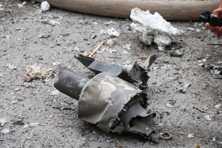 The debris of a Russian S8000 Banderol cruise missile lies on the ground outside an apartment block in the Saltivskyi district of Kharkiv, Ukraine, on August 9.
