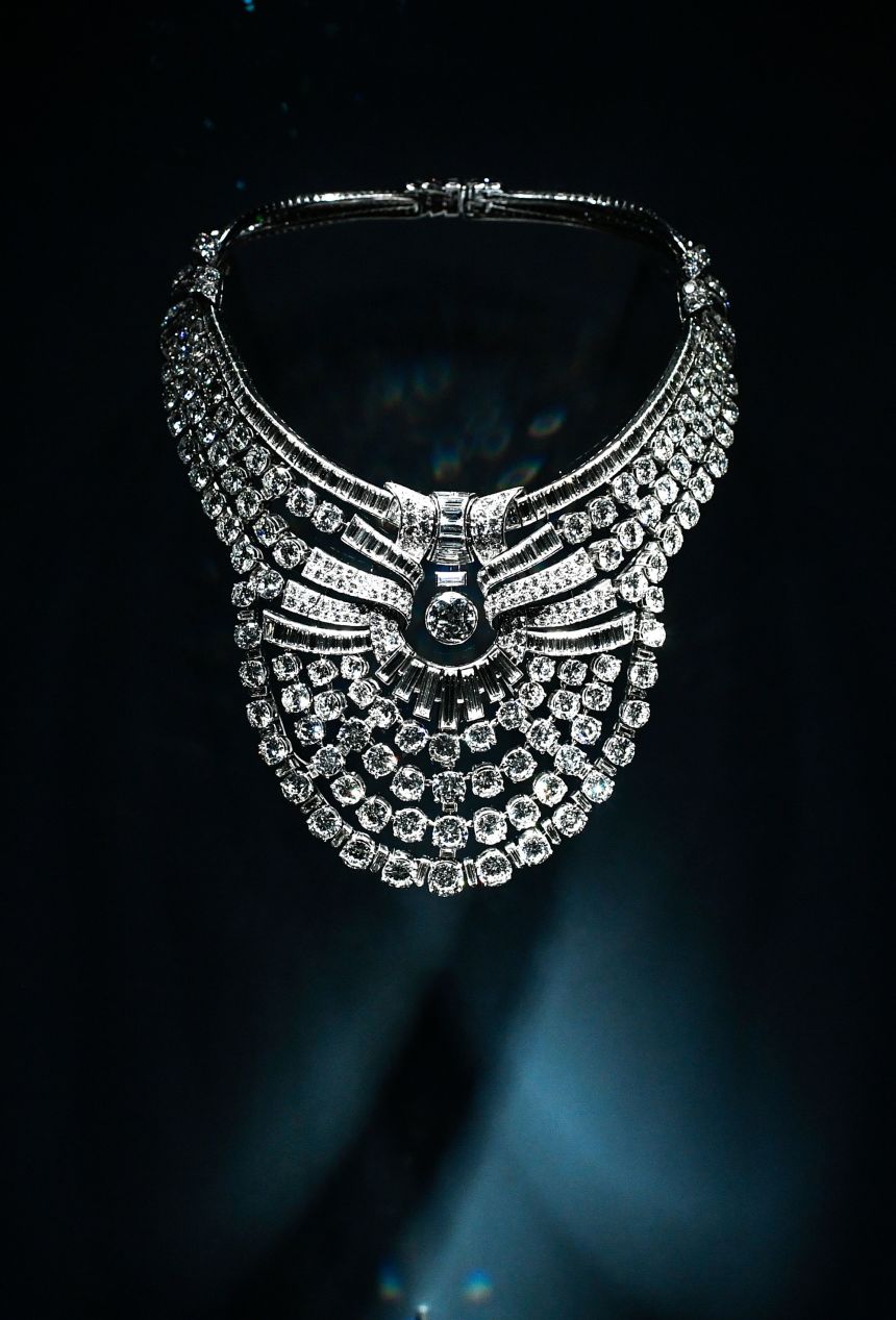 Featuring 673 diamonds, the stolen necklace, pictured here in Paris in 2020, belonged to Queen Nazli of Egypt.