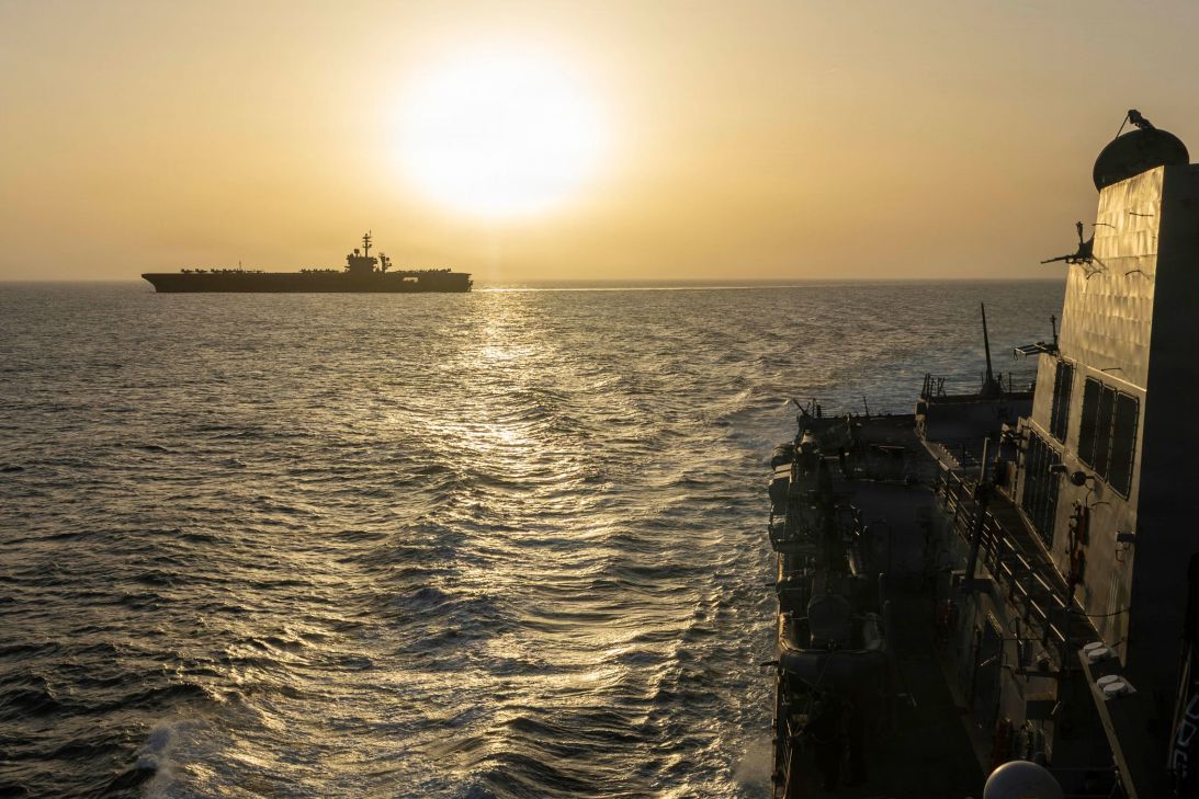 USS Abraham Lincoln conducts US blockade operations related to the Strait of Hormuz on April 16 in the Arabian Sea.