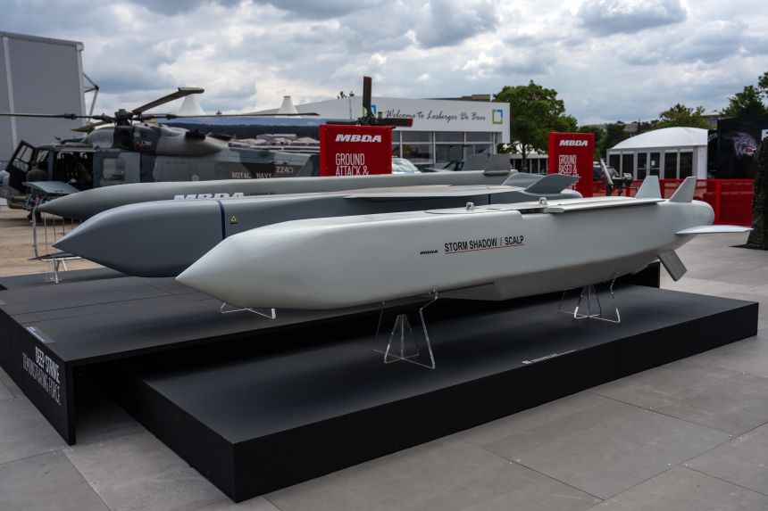 A Storm Shadow low-observable, long-range air-launched cruise missile is displayed at the MBDA chalet at Farnborough International Exhibition Centre on July 22, 2026, in Farnborough, England.