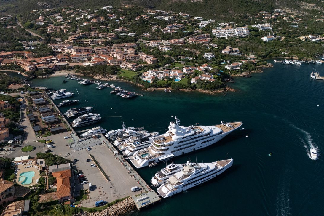 An aerial view of the enormous Boardwalk yacht during a stop in Porto Cervo, Sardinia.