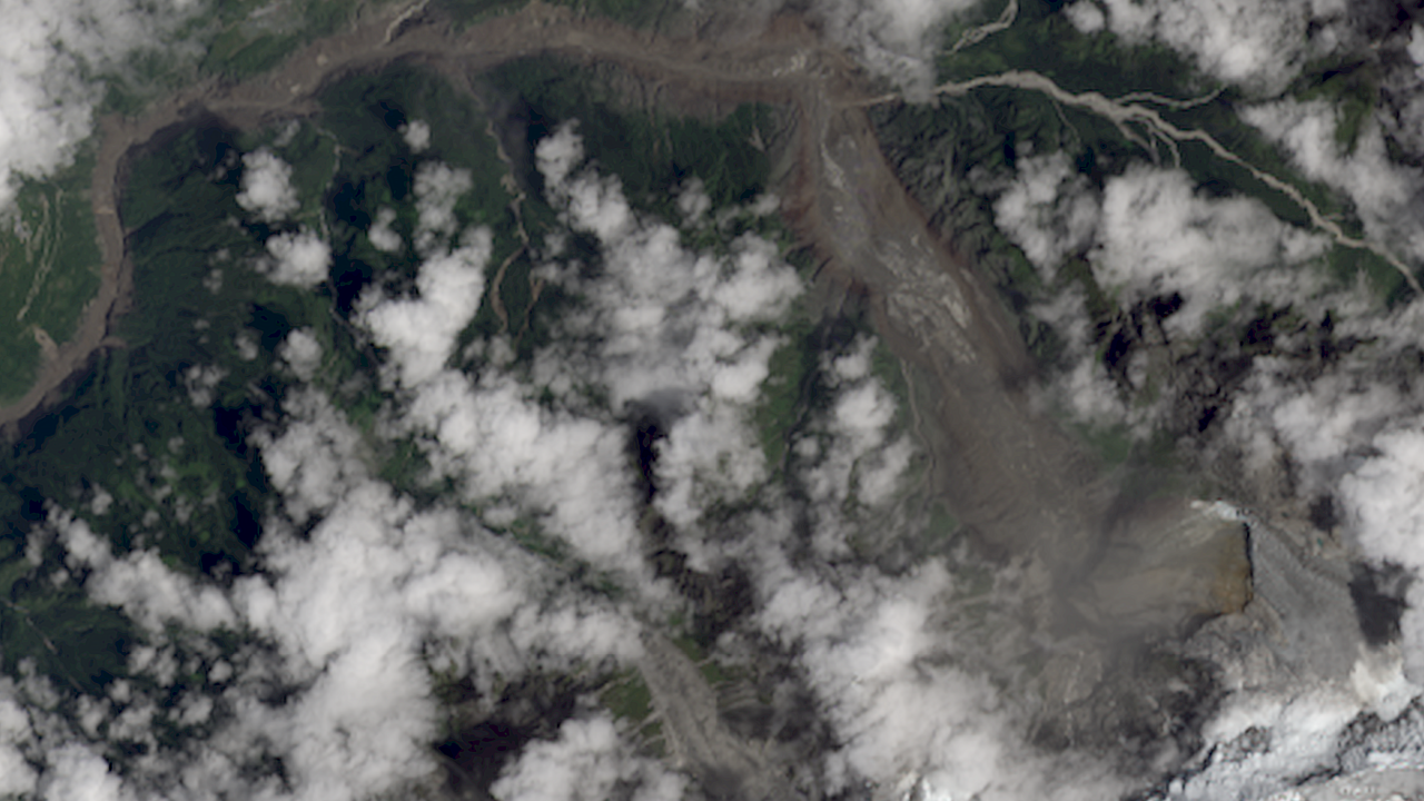 Satellite image provided by Landsat shows the glacier on the Nepal-China border after a large portion collapsed causing a deadly landslide.