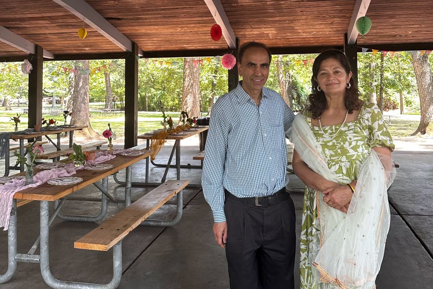 Radhika Sharma’s parents, Ramesh and Neelam Sharma, at their retirement party last June.