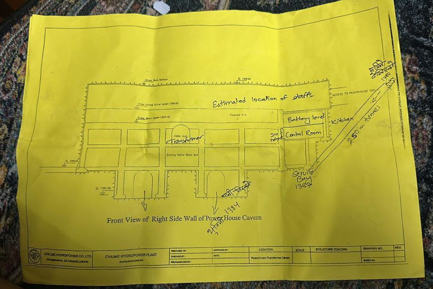 A diagram showing the inside of the Chilime Hydropower Project in Nepal, including the tunnel that leads to other facilities.